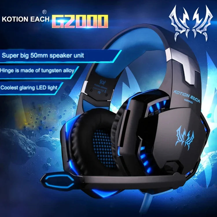 KOTION EACH G2000 Over-Ear Gaming-Kopfhörer Headset Kopfhörer Kopfbügel mit Mikrofon Stereo Bass LED-Licht für PC Gamer, Kabellänge: ca. 2,2m (Weiß + Rot), G2000