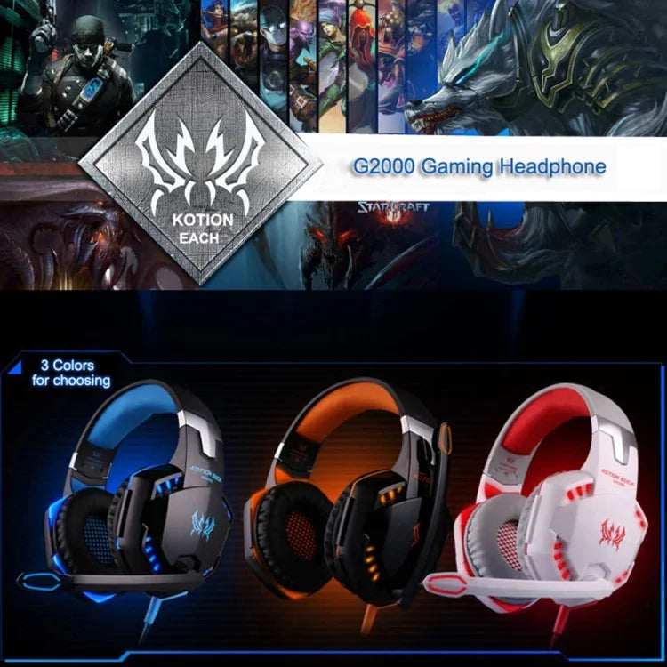 KOTION EACH G2000 Over-Ear Gaming-Kopfhörer Headset Kopfhörer Kopfbügel mit Mikrofon Stereo Bass LED-Licht für PC Gamer, Kabellänge: ca. 2,2m (Weiß + Rot), G2000