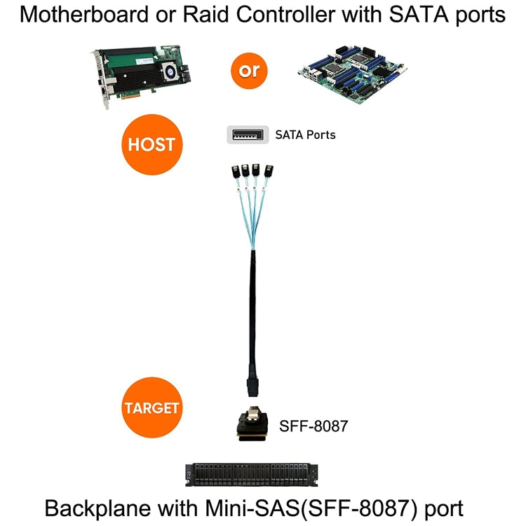 Mini SAS (SFF-8087) zu 4 x SATA 7-polige Buchse Forward Breakout 6Gbps Datenkabel, Länge: 50cm, SFF-8087 (Länge: 50cm)