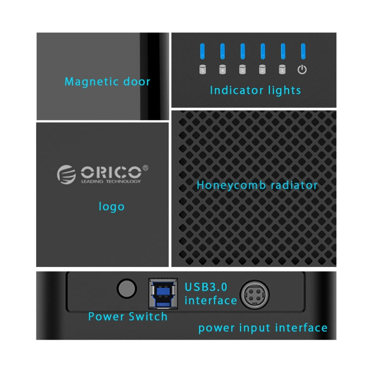 ORICO DS500U3 3,5 Zoll 5-Bay Magnettyp USB 3.0 Festplattengehäuse mit blauem LED-Anzeiger, USB 3.0