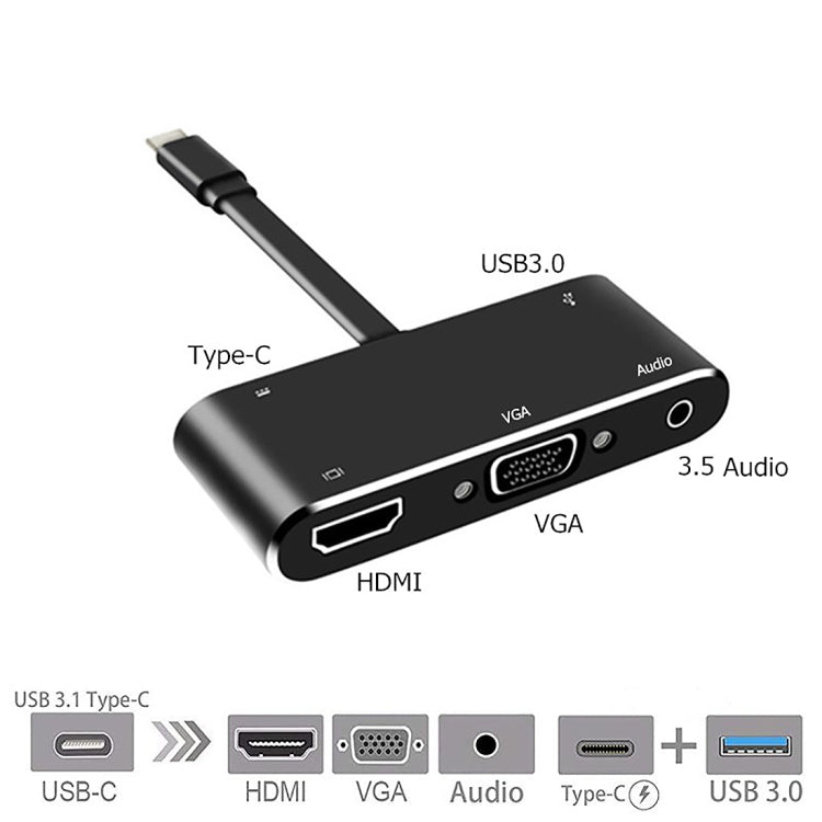 V126 USB-C / Typ-C Stecker zu PD + HDMI + VGA + Audio + USB 3.0 Buchse 5-in-1 Konverter, 5-in-1
