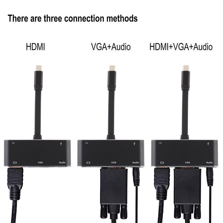 V126 USB-C / Typ-C Stecker zu PD + HDMI + VGA + Audio + USB 3.0 Buchse 5-in-1 Konverter, 5-in-1