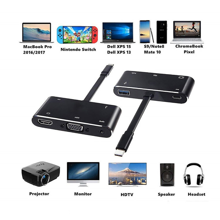 V126 USB-C / Typ-C Stecker zu PD + HDMI + VGA + Audio + USB 3.0 Buchse 5-in-1 Konverter, 5-in-1
