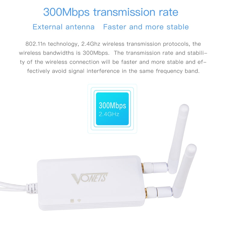 VONETS VAP11S 2,4G Mini Kabellose Brücke 300Mbps WiFi Repeater mit 2 Antennen, VAP11S