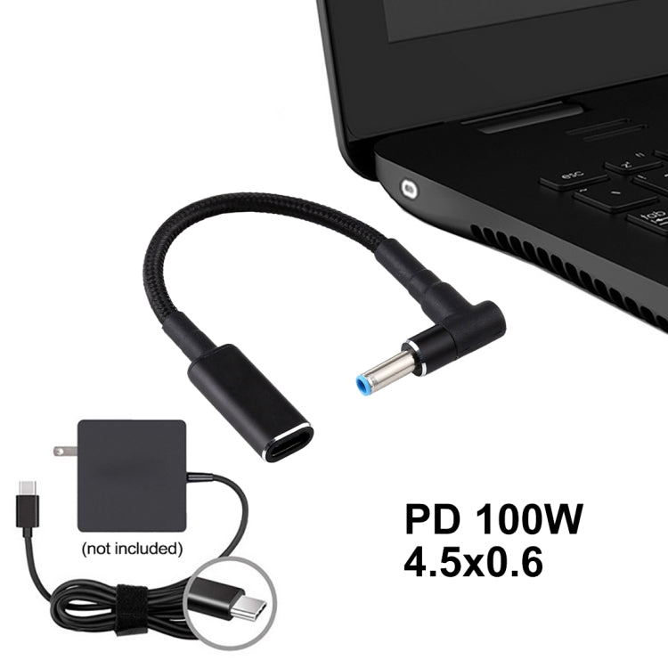 PD 100W 18,5-20V 4,5 x 0,6mm Winkel zu USB-C / Typ-C Adapter Nylon geflochtenes Kabel für HP, 4,5 x 0,6mm