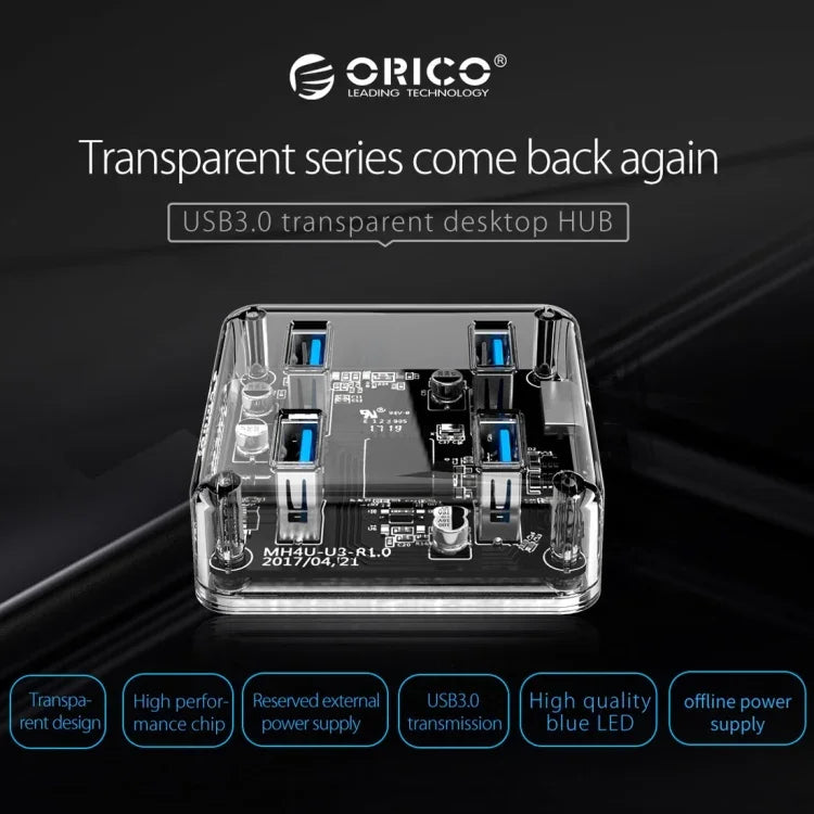 ORICO MH4U-100 USB 3.0 Transparenter Desktop-HUB mit 100cm Micro-USB-Kabel, MH4U-100