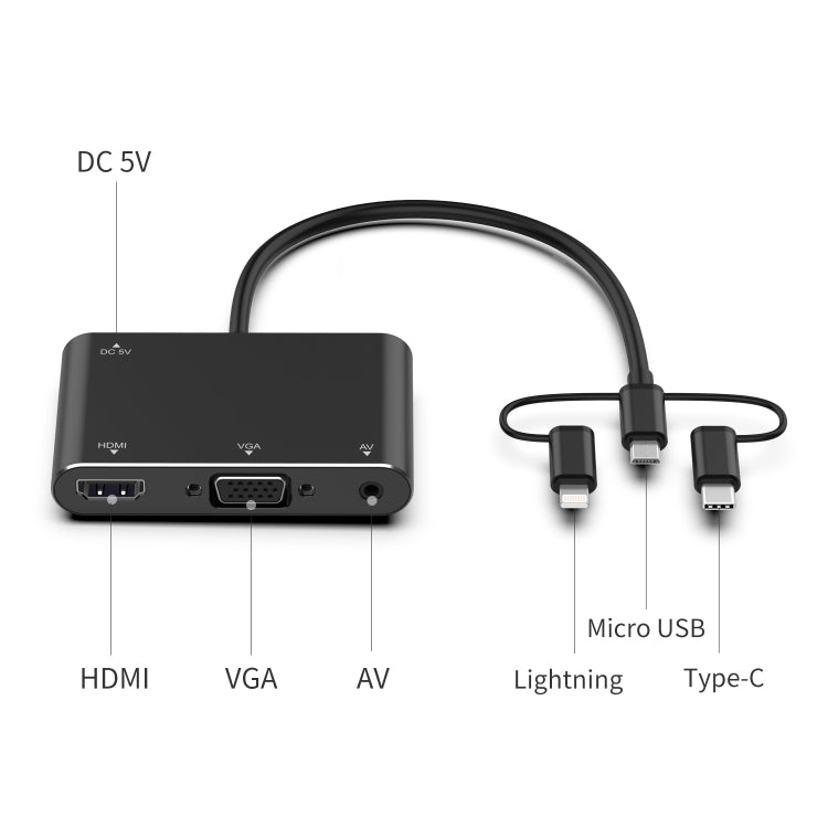 7585B 3-in-1 Micro USB / 8 Pin / Typ-C auf VGA / HDTV / AV Adapter Mobiler HD-Bildschirmplayer