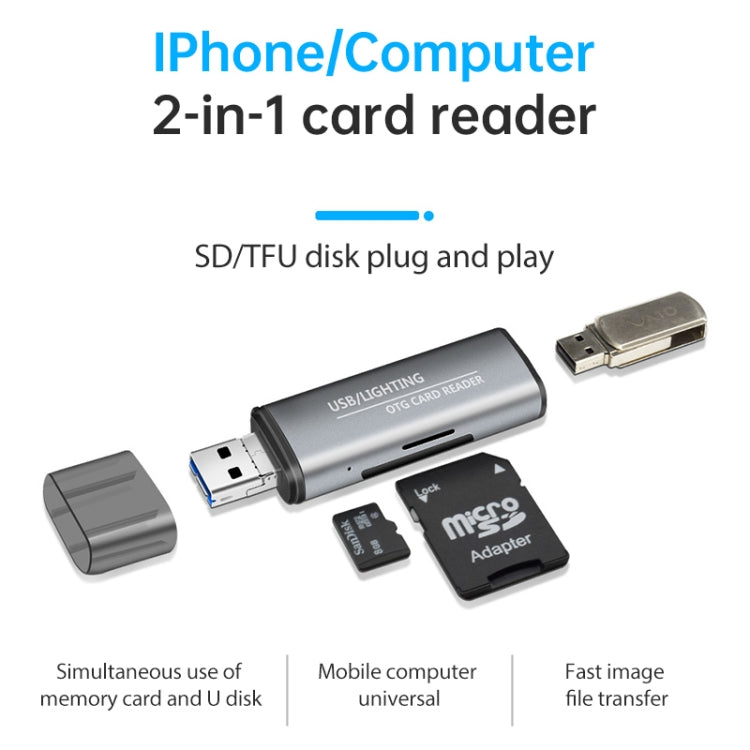 118 2-in-1 USB + 8-Pin Schnittstellen USB-Flash-Laufwerk / Speicherkarten-OTG-Kartenleser für IOS-System Mobiltelefon / Computer