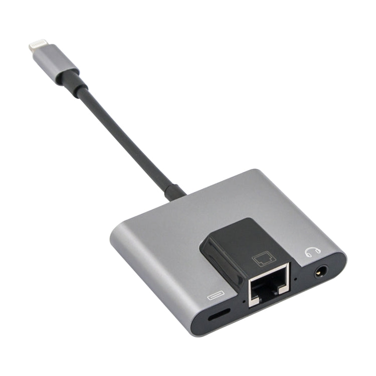 NK-1056 3-in-1 8-Pin Stecker zu 8-Pin Lade- + RJ45 Ethernet + 3,5mm Kopfhörer Buchsenadapter, NK-1056