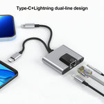 NK-1056Pro 3-in-1 8-Pin + USB-C / Typ-C Stecker zu 8-Pin Lade- + Ethernet + 3,5mm Kopfhörer Buchsenadapter, NK-1056Pro