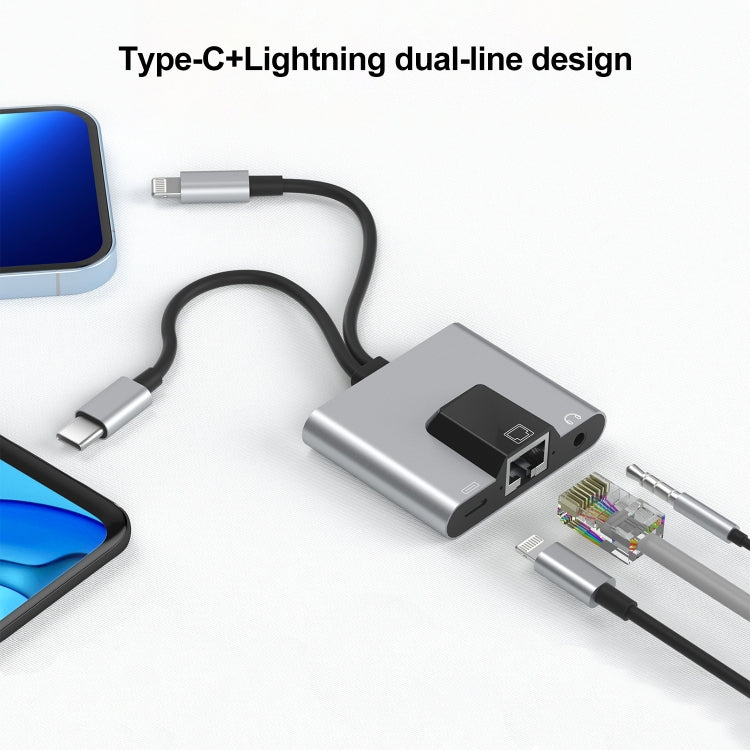 NK-1056Pro 3-in-1 8-Pin + USB-C / Typ-C Stecker zu 8-Pin Lade- + Ethernet + 3,5mm Kopfhörer Buchsenadapter, NK-1056Pro
