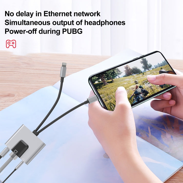 NK-1056Pro 3-in-1 8-Pin + USB-C / Typ-C Stecker zu 8-Pin Lade- + Ethernet + 3,5mm Kopfhörer Buchsenadapter, NK-1056Pro