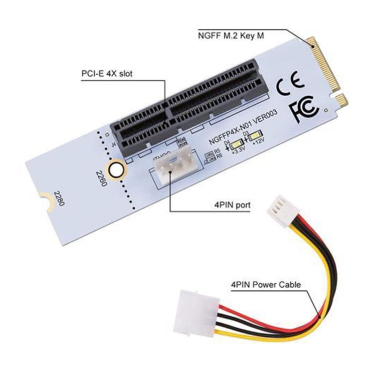 NGFF M.2 Key M zu PCI-E 1X / 4X / 8X / 16X Grafikkarten Mining Slot Adapter Riser Konverterkarte mit LED & 4-Pin Stromkabel, VER003 mit 4-Pin Stromkabel