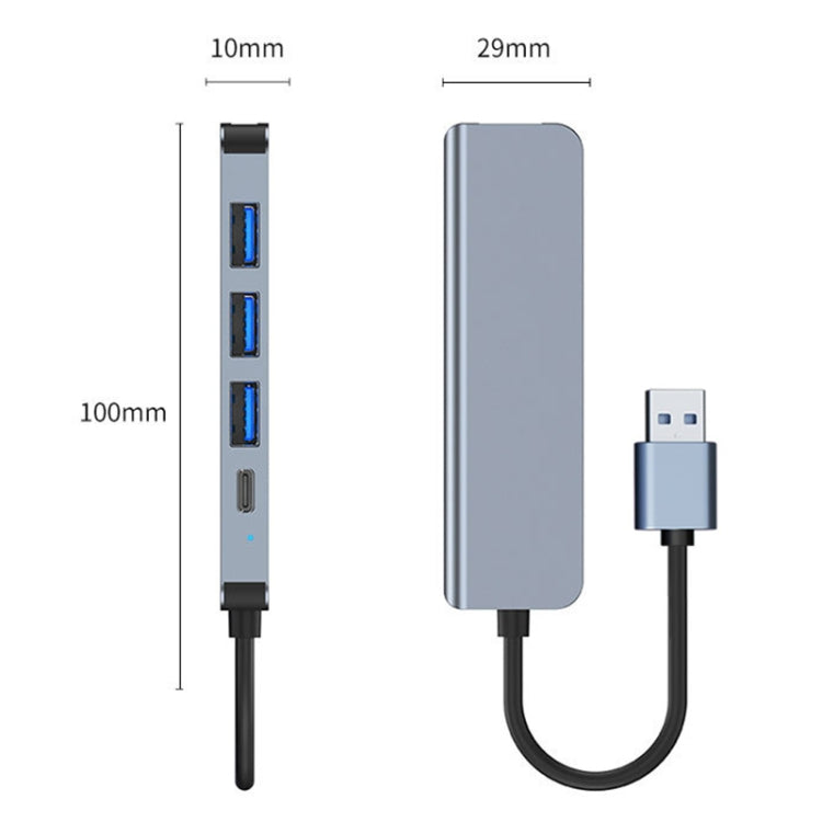 5 in 1 USB auf USB3.0+USB2.0x3+USB-C / Typ-C HUB Adapter, Kabellänge: 10 cm, BYL-2301U