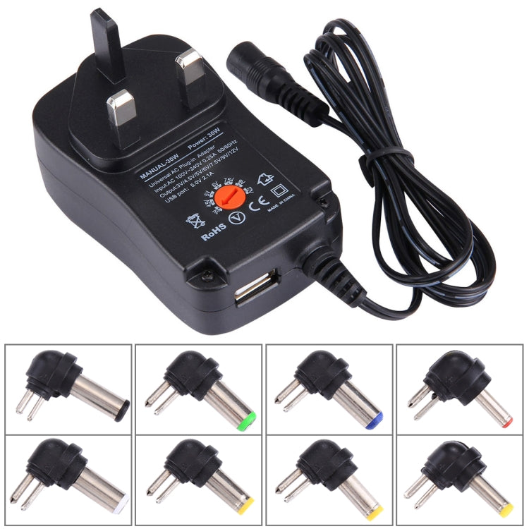 UK-Stecker Universal 30W Netzadapter mit 5V 2,1A USB-Anschluss, Spitzen: 8 Stück, Kabellänge: ca. 1,2m, UK-Stecker