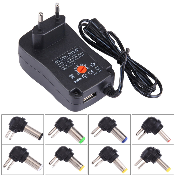EU-Stecker Universal 30W Netzstecker-Adapter mit 5V 2,1A USB-Anschluss, Tipps: 6 Stück, Kabellänge: ca. 1,2m, EU-Stecker