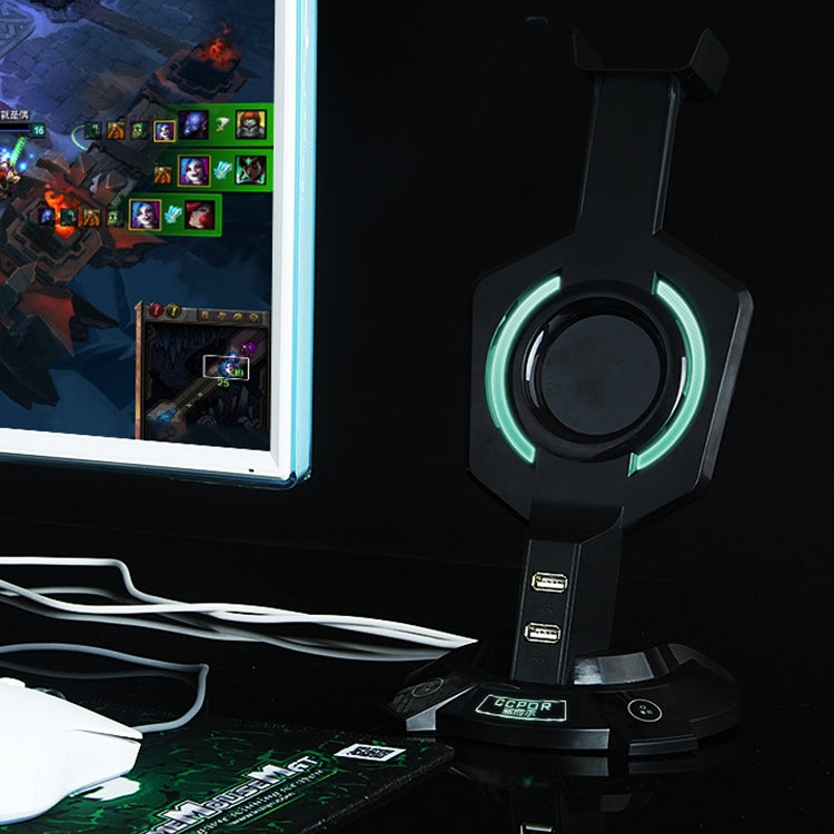 R-008-02 Leuchtender Integrierter Mecha-förmiger Kopfhörerhalter mit Dual-USB-Anschlüssen & Computerswitch
