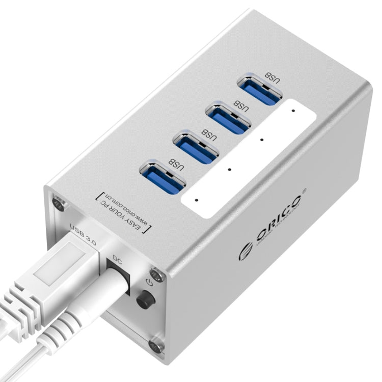ORICO A3H4 Aluminium Hochgeschwindigkeits 4 Ports USB 3.0 HUB mit 12V/2,5A Netzteil für Laptops, 4 Ports (Silber)