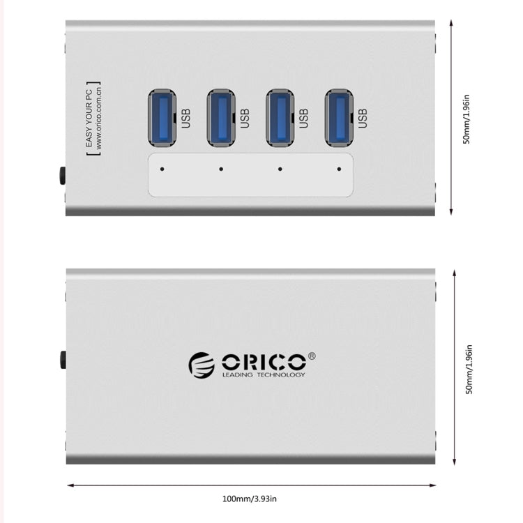 ORICO A3H4 Aluminium Hochgeschwindigkeits 4 Ports USB 3.0 HUB mit 12V/2,5A Netzteil für Laptops, 4 Ports (Silber)