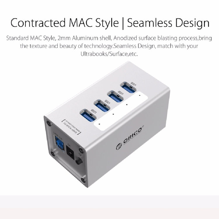 ORICO A3H4 Aluminium Hochgeschwindigkeits 4 Ports USB 3.0 HUB mit 12V/2,5A Netzteil für Laptops, 4 Ports (Silber)
