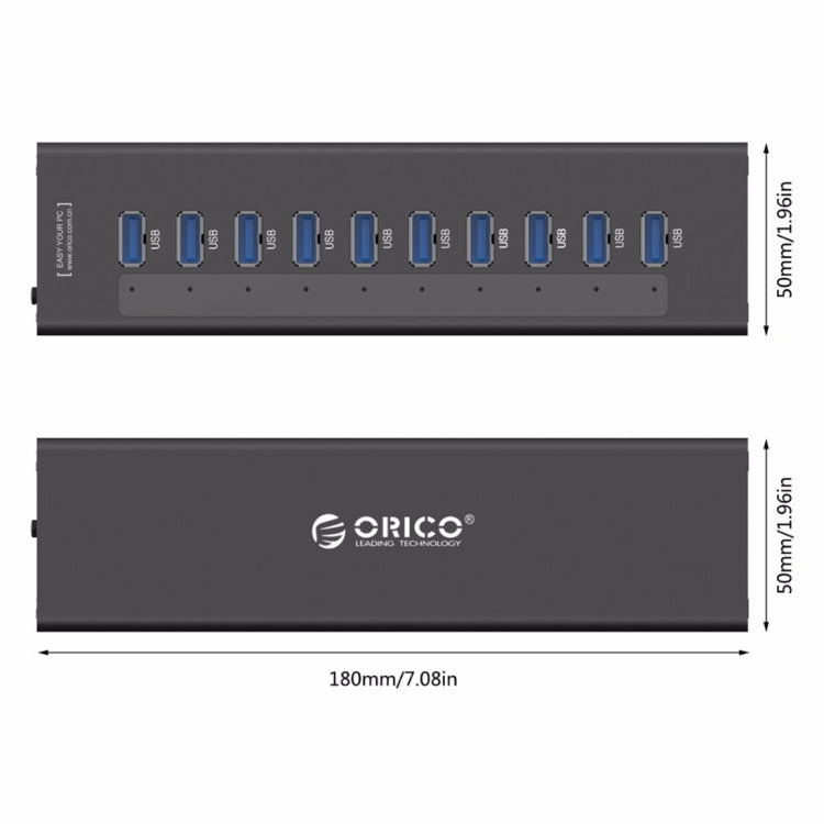 ORICO A3H10 Aluminium Hochgeschwindigkeits 10 Ports USB 3.0 HUB mit Netzadapter für Laptops, 10 Ports (Silber), 10 Ports (Schwarz)