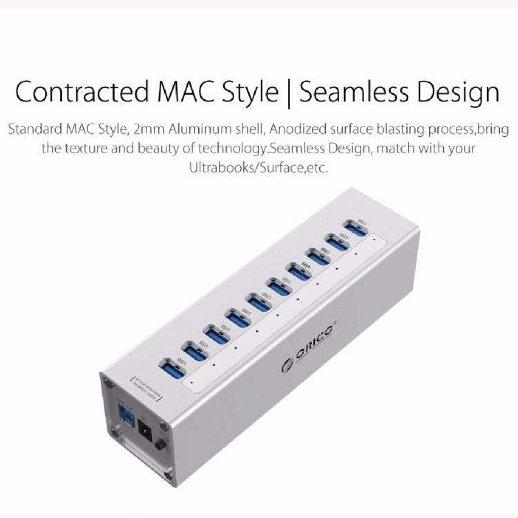 ORICO A3H10 Aluminium Hochgeschwindigkeits 10 Ports USB 3.0 HUB mit Netzadapter für Laptops, 10 Ports (Silber), 10 Ports (Schwarz)