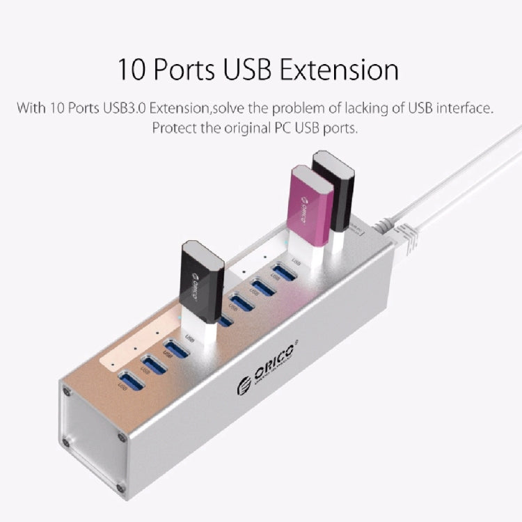 ORICO A3H10 Aluminium Hochgeschwindigkeits 10 Ports USB 3.0 HUB mit Netzadapter für Laptops, 10 Ports (Silber), 10 Ports (Schwarz)
