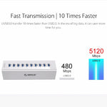 ORICO A3H10 Aluminium Hochgeschwindigkeits 10 Ports USB 3.0 HUB mit Netzadapter für Laptops, 10 Ports (Silber), 10 Ports (Schwarz)