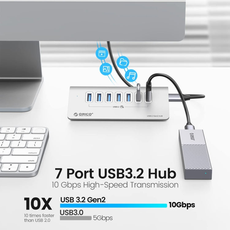 ORICO M3U7-G2 Aluminiumlegierung 7-Port USB 3.2 Gen2 10Gbps HUB mit 1m Kabel, M3U7-G2 1m