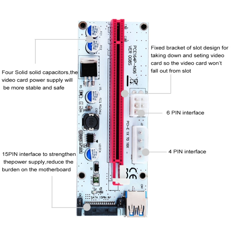 PCE164P-N06 VER008S USB 3.0 PCI-E Express 1x zu 16x PCI-E Extender Riser Kartenadapter 15-Pin SATA Strom 6-Pin + 4-Pin Stromanschluss mit 60cm USB-Kabel, VER008S Rot