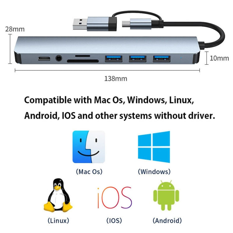 BYL-2218TU 8 in 1 USB + USB-C / Typ-C zu USB Multifunktionale Dockingstation HUB Adapter, BYL-2218TU