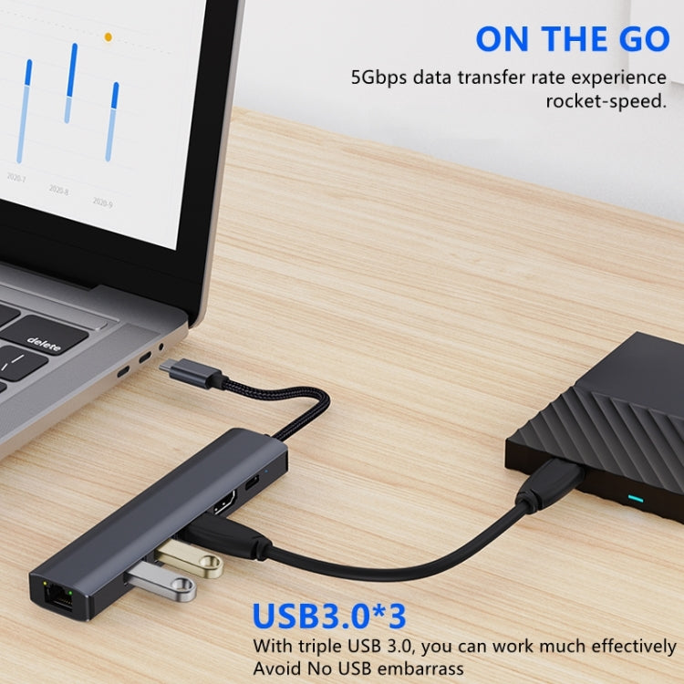 BYL-2210 6-in-1 USB-C / Type-C zu USB Multifunktionale Dockingstation HUB Adapter mit 1000M Netzwerkanschluss, BYL-2210