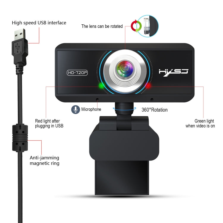 HXSJ S90 30fps 1 Megapixel 720P HD Webcam für Desktop / Laptop / Android TV, mit 8m schallabsorbierendem Mikrofon, Kabellänge: 1,5m, S90