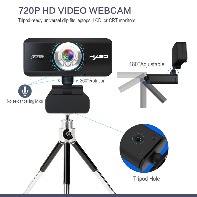 HXSJ S90 30fps 1 Megapixel 720P HD Webcam für Desktop / Laptop / Android TV, mit 8m schallabsorbierendem Mikrofon, Kabellänge: 1,5m, S90