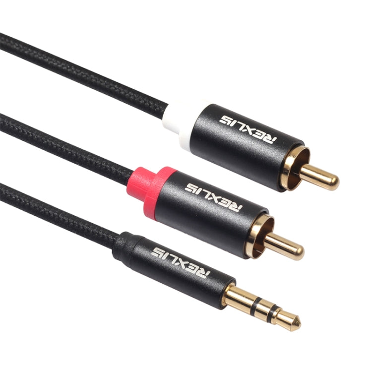 REXLIS 3635 3,5mm Stecker zu Doppel-RCA Goldbeschichteter Stecker Schwarzes Baumwollgeflecht Audiokabel für RCA-Eingangsinterface Aktiver Lautsprecher, Länge: 1,8m
