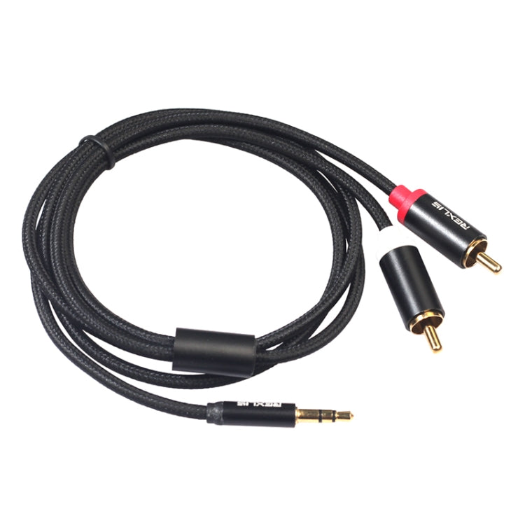 REXLIS 3635 3,5mm Stecker zu Doppel-RCA Goldbeschichteter Stecker Schwarzes Baumwollgeflecht Audiokabel für RCA-Eingangsinterface Aktiver Lautsprecher, Länge: 1,8m