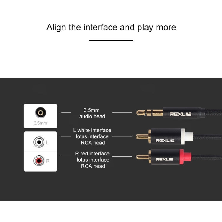 REXLIS 3635 3,5mm Stecker zu Doppel-RCA Goldbeschichteter Stecker Schwarzes Baumwollgeflecht Audiokabel für RCA-Eingangsinterface Aktiver Lautsprecher, Länge: 1,8m
