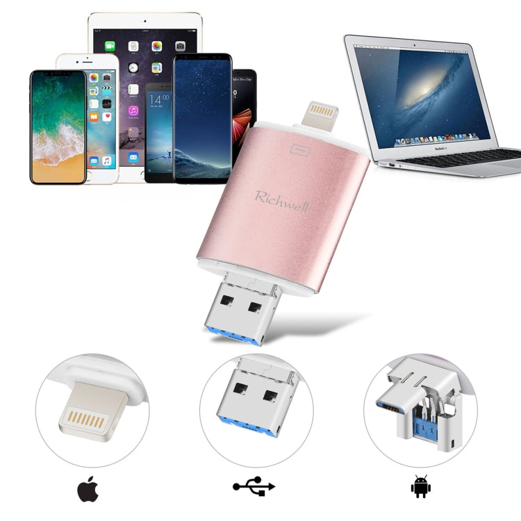 Richwell 3 in 1 128G Type-C + 8-Pin + USB 3.0 Metall Doppelabdeckung Schiebeflash mit OTG-Funktion