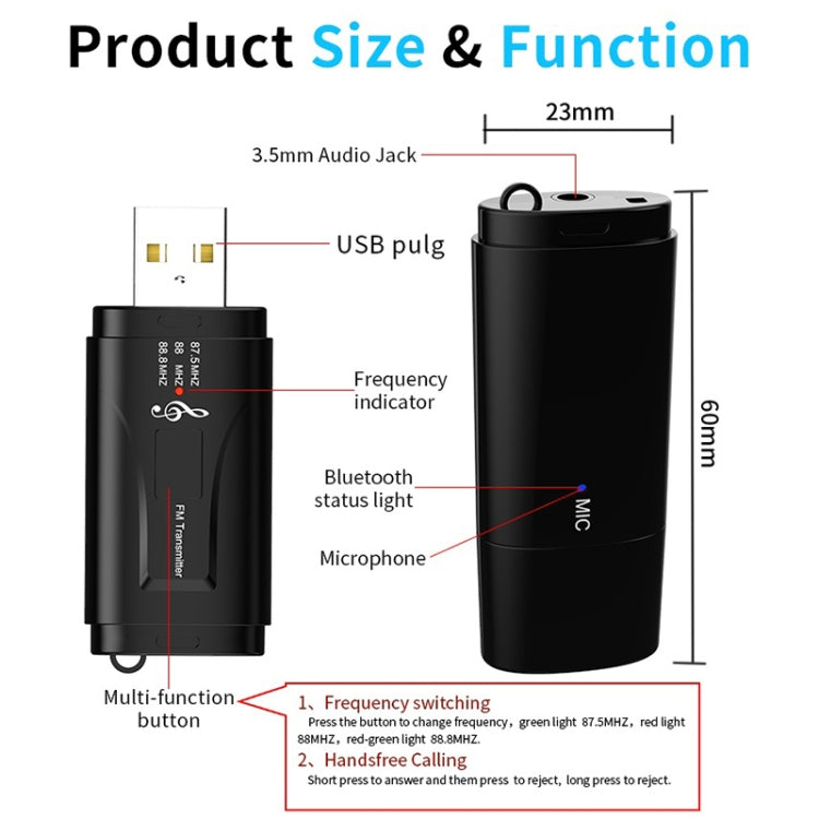 MSD128 2-in-1 USB Auto Bluetooth Freisprech FM-Transmitter mit 3,5mm AUX-Schnittstelle, MSD128