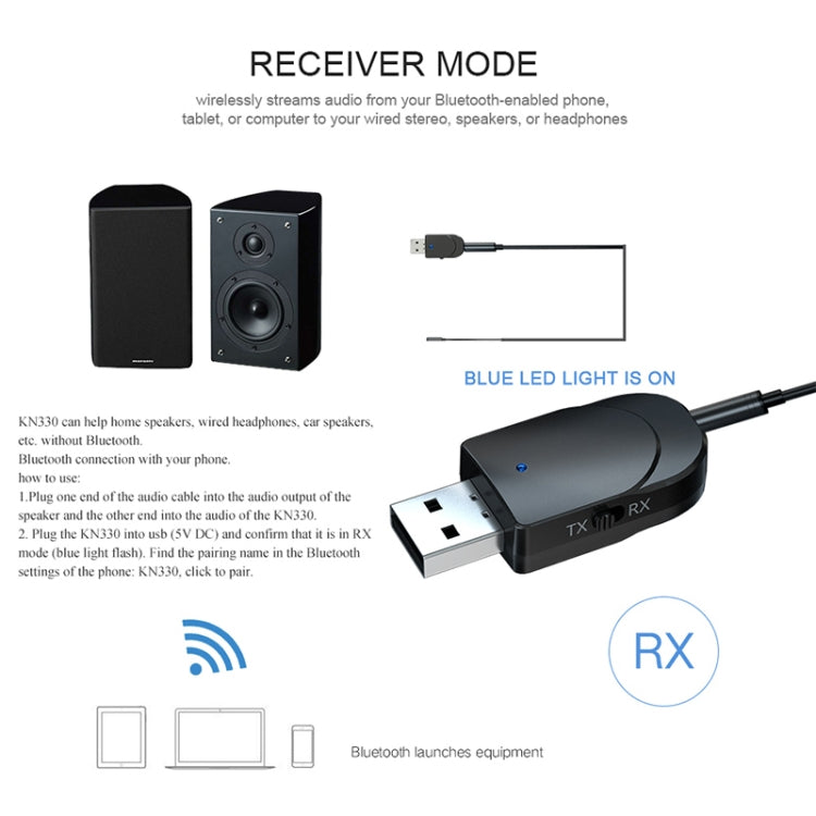 KN330 3-in-1 USB Bluetooth 5.0 Adapter Audio-Sender Empfänger mit Schalter & 3,5mm AUX-Schnittstelle, KN330