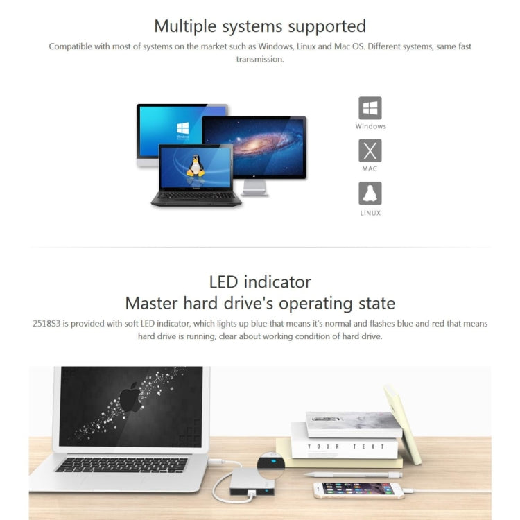 ORICO 2518S3 USB3.0 Externes Festplattengehäuse für 7mm & 9,5mm 2,5 Zoll SATA HDD / SSD