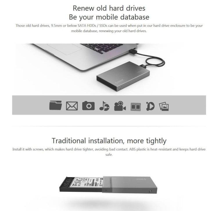 ORICO 2518S3 USB3.0 Externes Festplattengehäuse für 7mm & 9,5mm 2,5 Zoll SATA HDD / SSD
