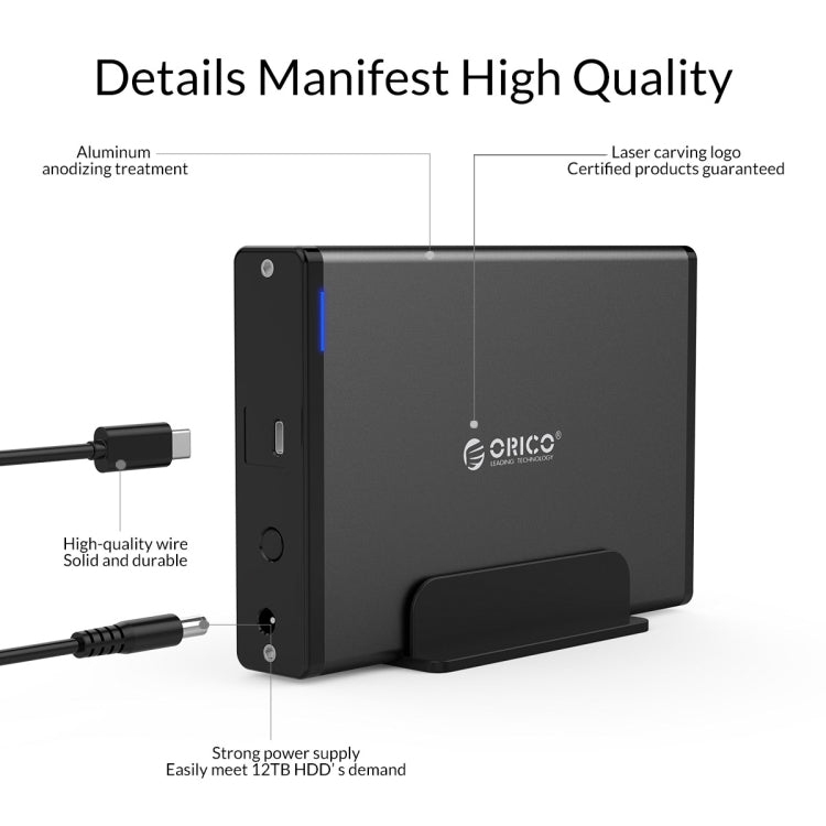 ORICO 7688C3 8TB 3,5 Zoll USB-C / Typ-C Mobile HDD Gehäuse mit abnehmbarem Sockel, Kabellänge: 1m