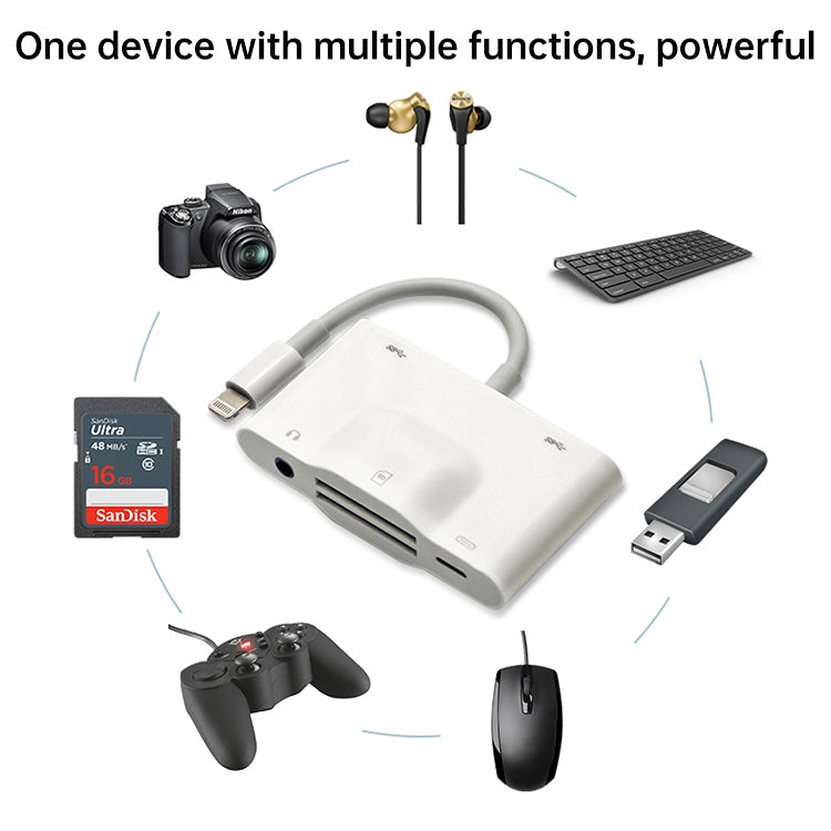 NK-1042 6 in 1 8 Pin Stecker zu Dual USB + Dual SD-Karte + 3,5mm Audioanschluss + 8 Pin Ladeanschluss Buchse Kameraadapter