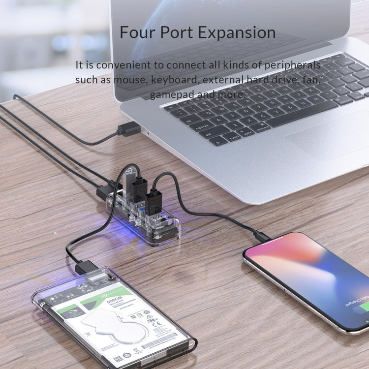 ORICO F4U 4 x USB 3.0 Anschlüsse 5Gbps Schnelle Übertragung Desktop HUB mit blauem LED-Anzeigelicht, 4 Anschlüsse