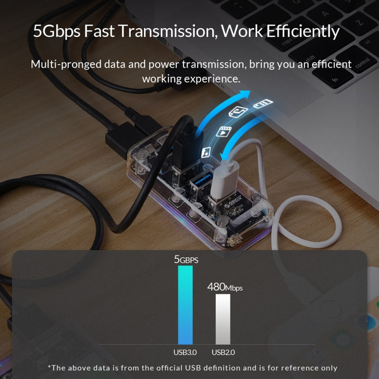 ORICO F4U 4 x USB 3.0 Anschlüsse 5Gbps Schnelle Übertragung Desktop HUB mit blauem LED-Anzeigelicht, 4 Anschlüsse