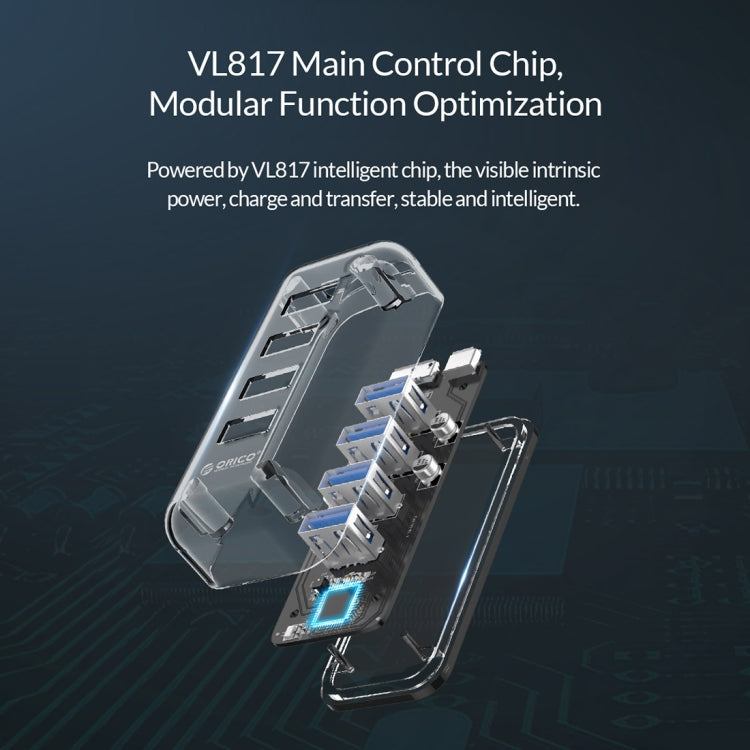 ORICO F4U 4 x USB 3.0 Anschlüsse 5Gbps Schnelle Übertragung Desktop HUB mit blauem LED-Anzeigelicht, 4 Anschlüsse