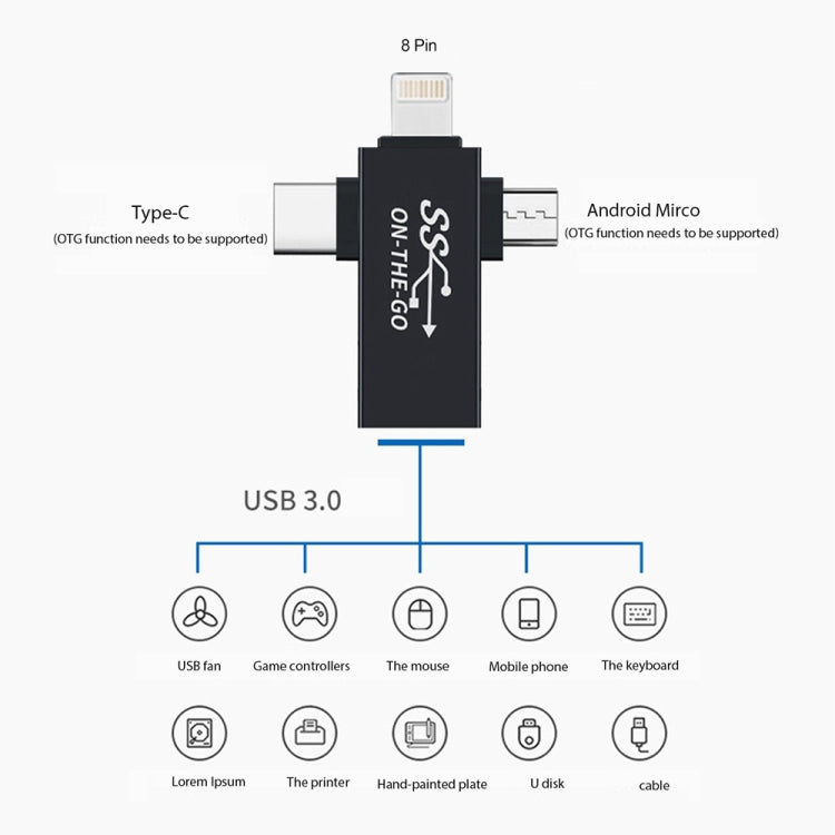 3-in-1 USB 3.0 auf 8-Pin + Micro USB + USB-C / Type-C Schnittstelle Multifunktionaler OTG Adapter