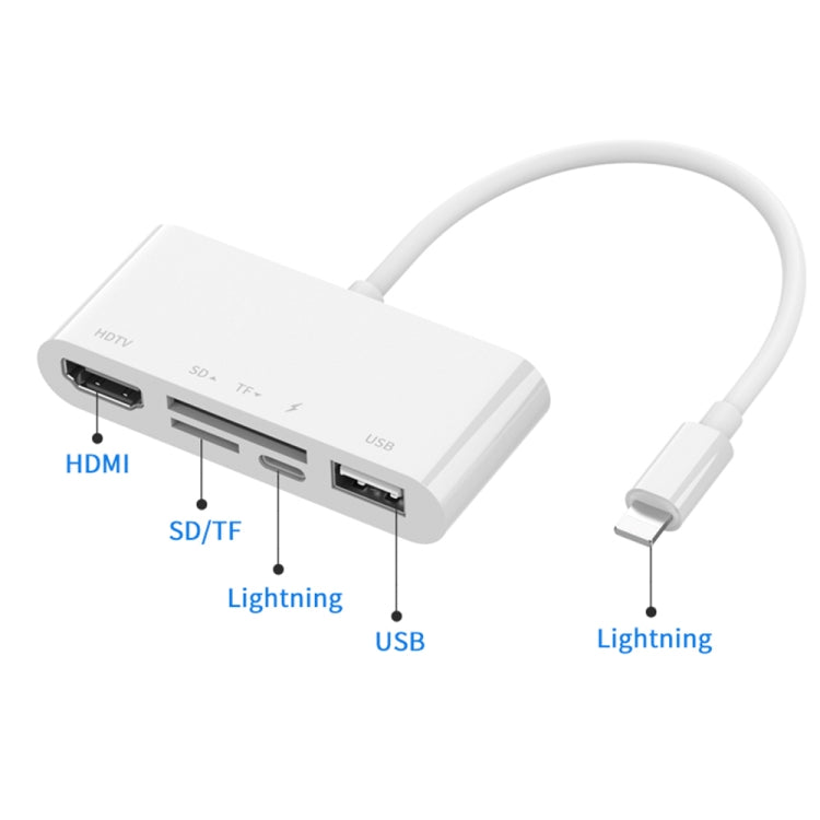 75215 5-in-1 8-Pin zu HDMI + SD-Kartensteckplatz + TF-Kartensteckplatz + USB + 8-Pin Ladeanschluss HD Video Konverter, 75215