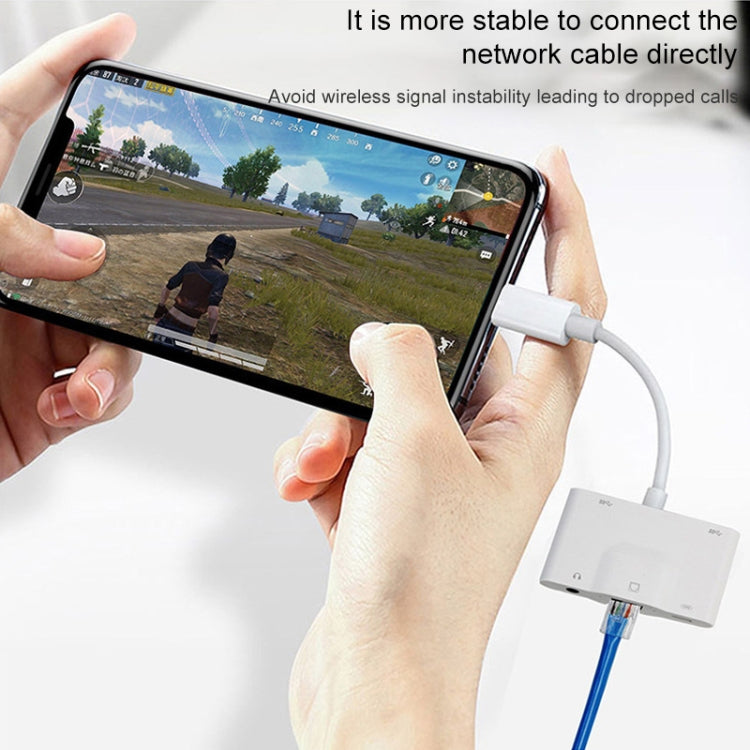 NK-1033 5-in-1 8-Pin Männlich zu Dual USB + 3,5mm AUX + Ethernet + 8-Pin Strom Weiblich Adapter, NK-1033